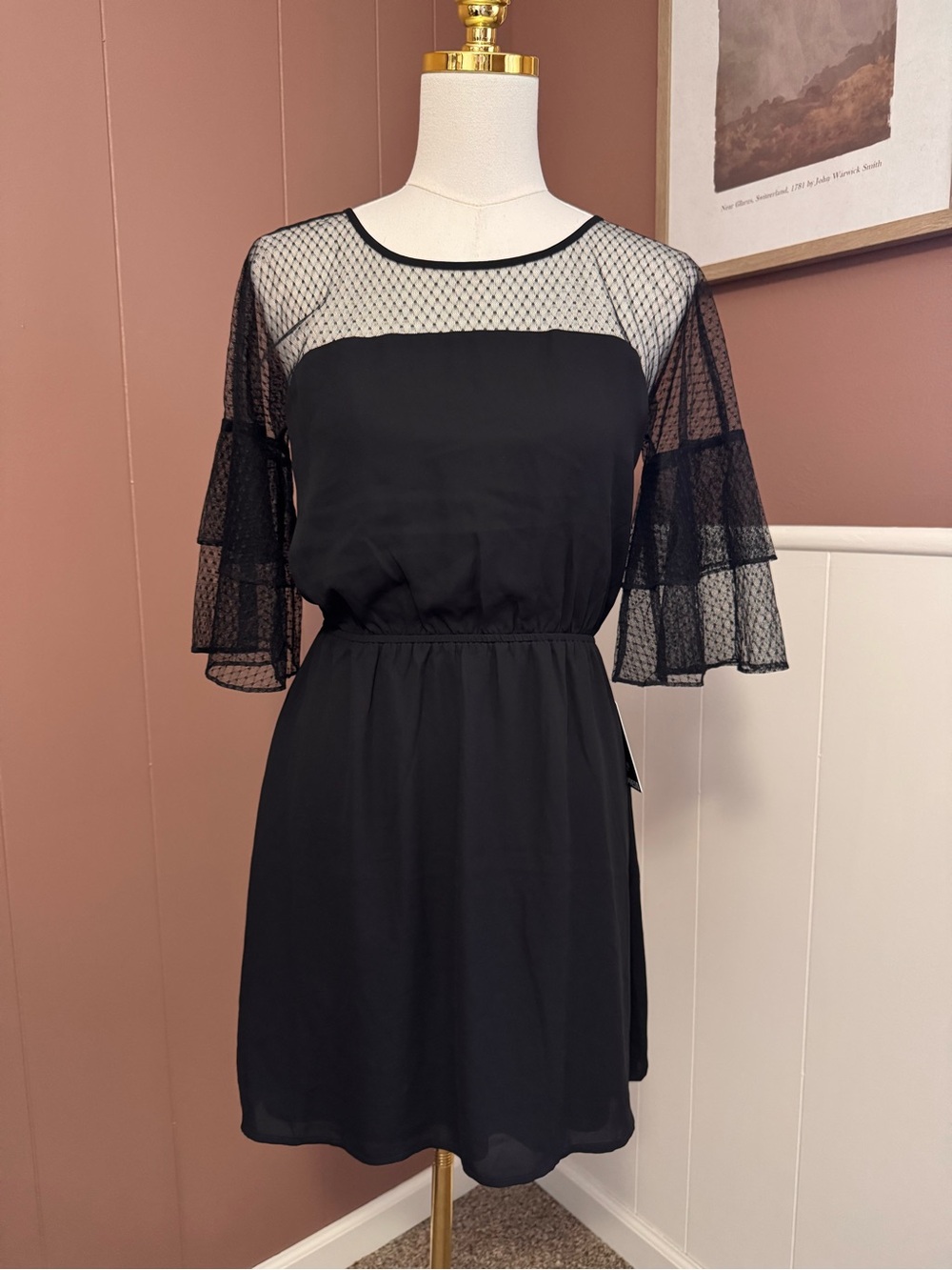 NWT Express Black Mini Dress with Sheer Mesh Tiered Sleeves Whimsigoth Victorian
